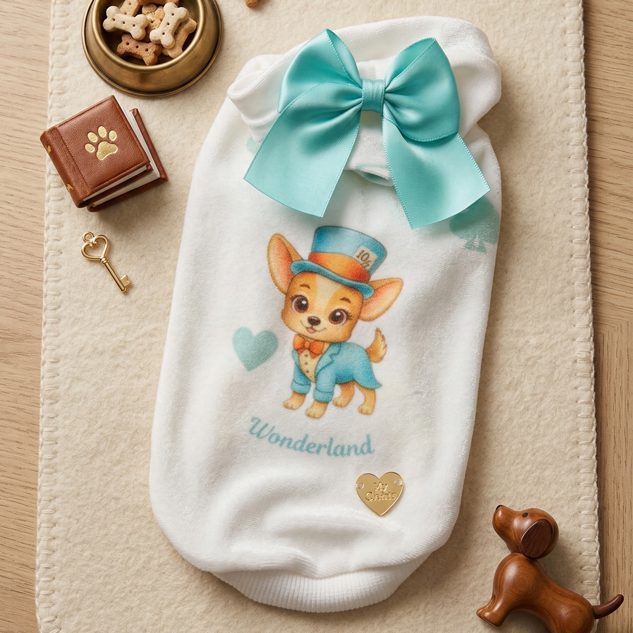 Mad Hatter Tiffany Sweatshirt - Ciniglia Vellutata con Rouche Pizzo e Fiocco Cuoricino